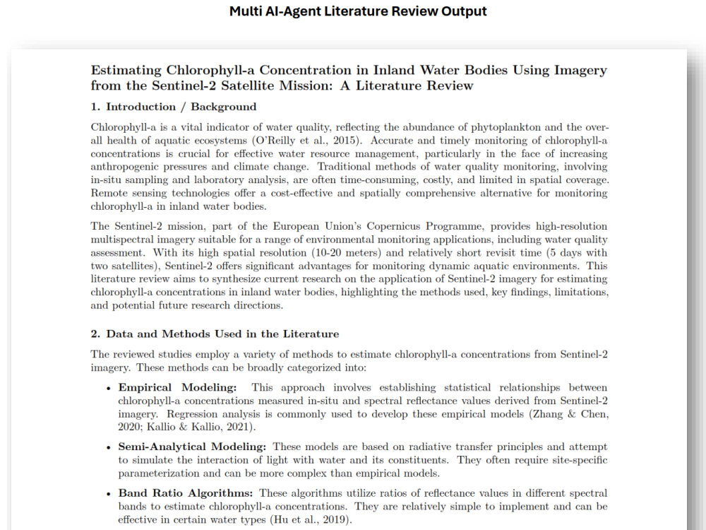 Example output from multi-agent system showing structured literature review with citations and categorized findings